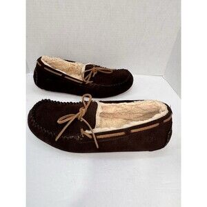UGG Mens Brown Suede Moccasin Slippers Size 11 Shearling Lined Slip On Casual